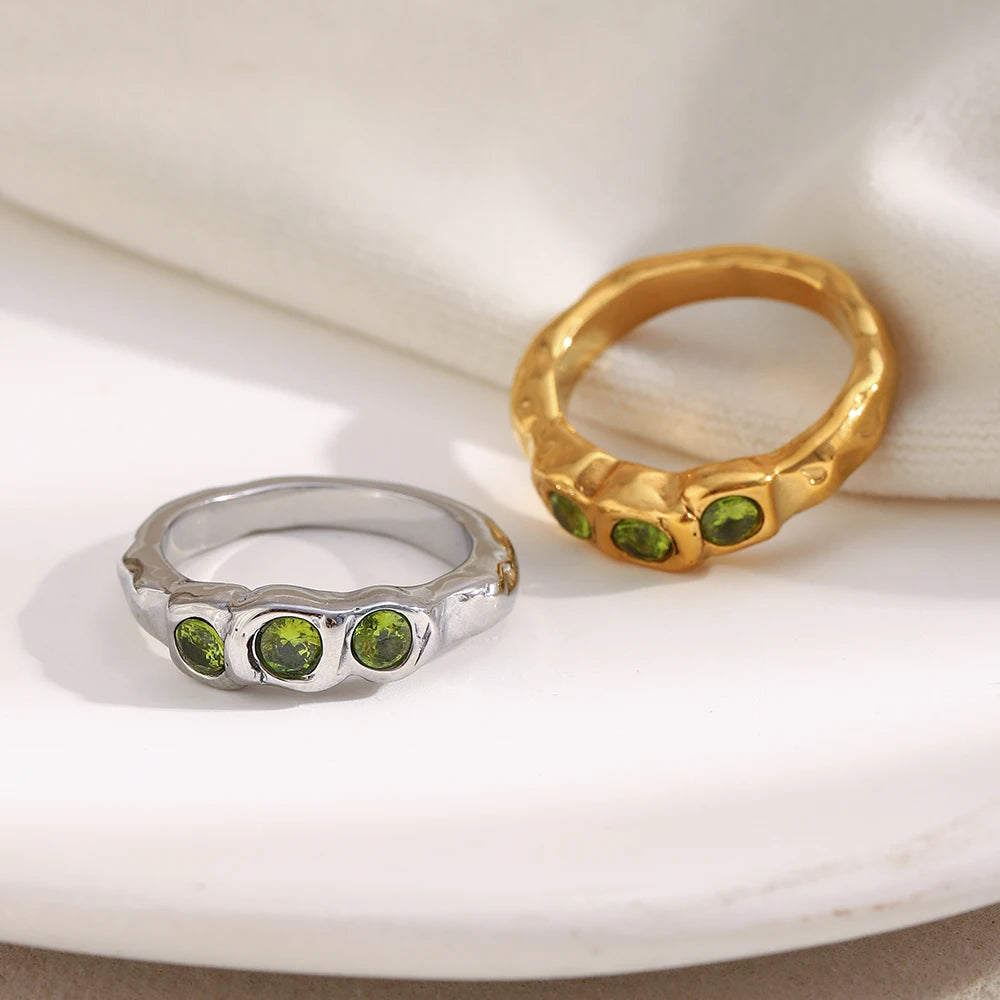 Three Stone Green Zircon Ring – Waterproof 18K Gold Plated Ring | Ezra Gems