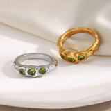 Three Stone Green Zircon Ring – Waterproof 18K Gold Plated Ring | Ezra Gems