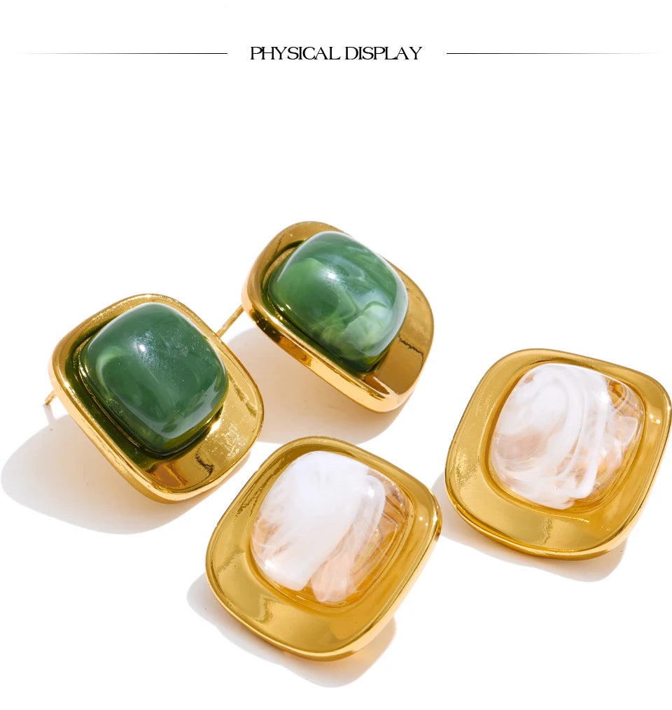 Glossy Resin Square Stud Earrings – Waterproof 18K Gold Plated Earrings | Ezra Gems