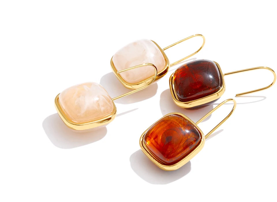 Amber Resin Square Drop Earrings – Waterproof 18K Gold Plated Earrings | Ezra Gems