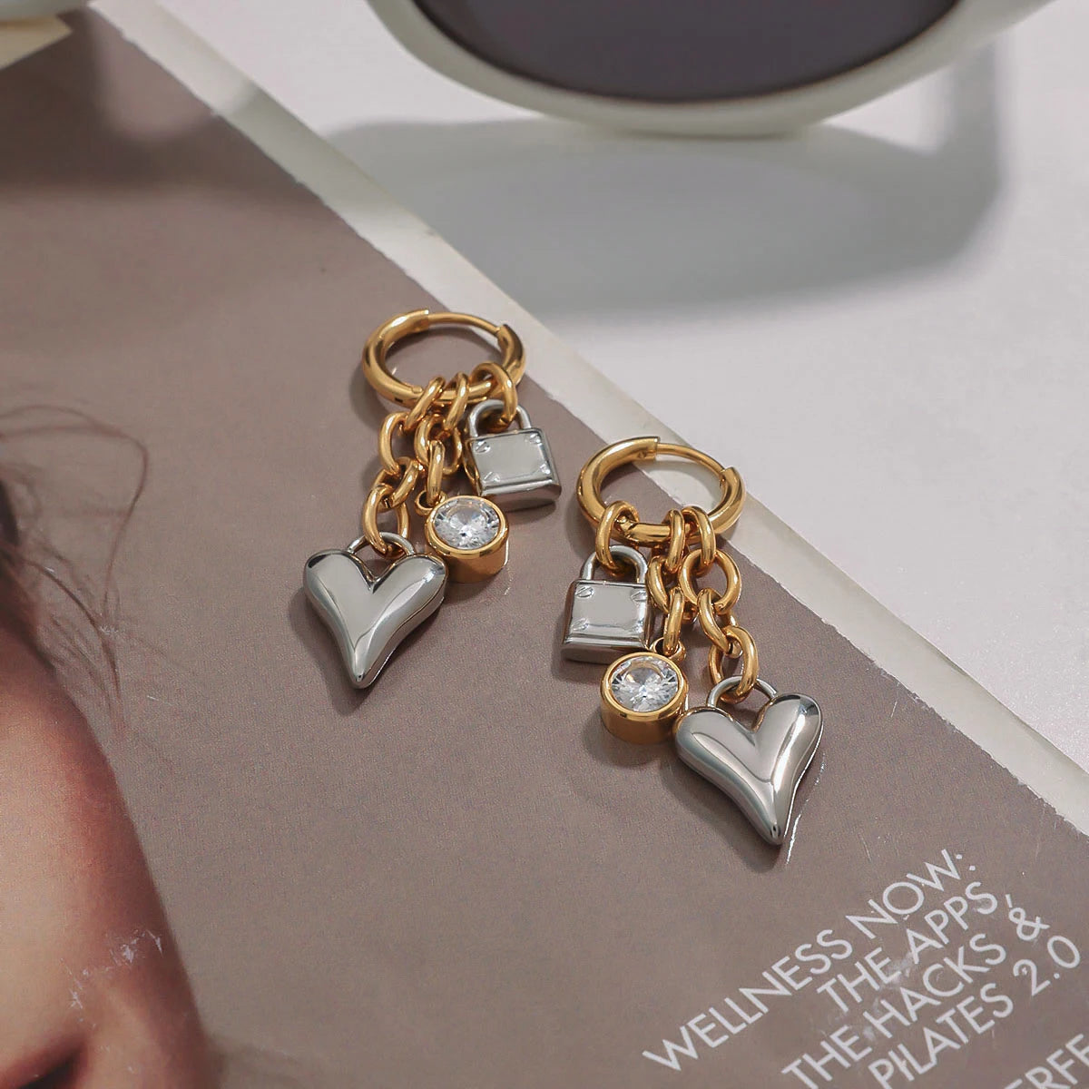 Two-Tone Zircon Heart Lock Earrings – Waterproof 18K Gold Plated Earrings | Ezra Gems