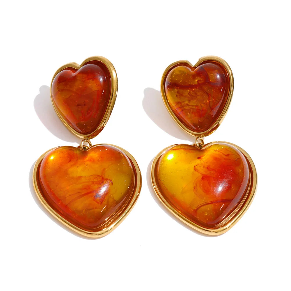 Sweet Acrylic Resin Heart Drop Earrings – Waterproof 18K Gold Plated Earrings | Ezra Gems