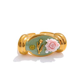 Green Enamel Pearl Flower Ring