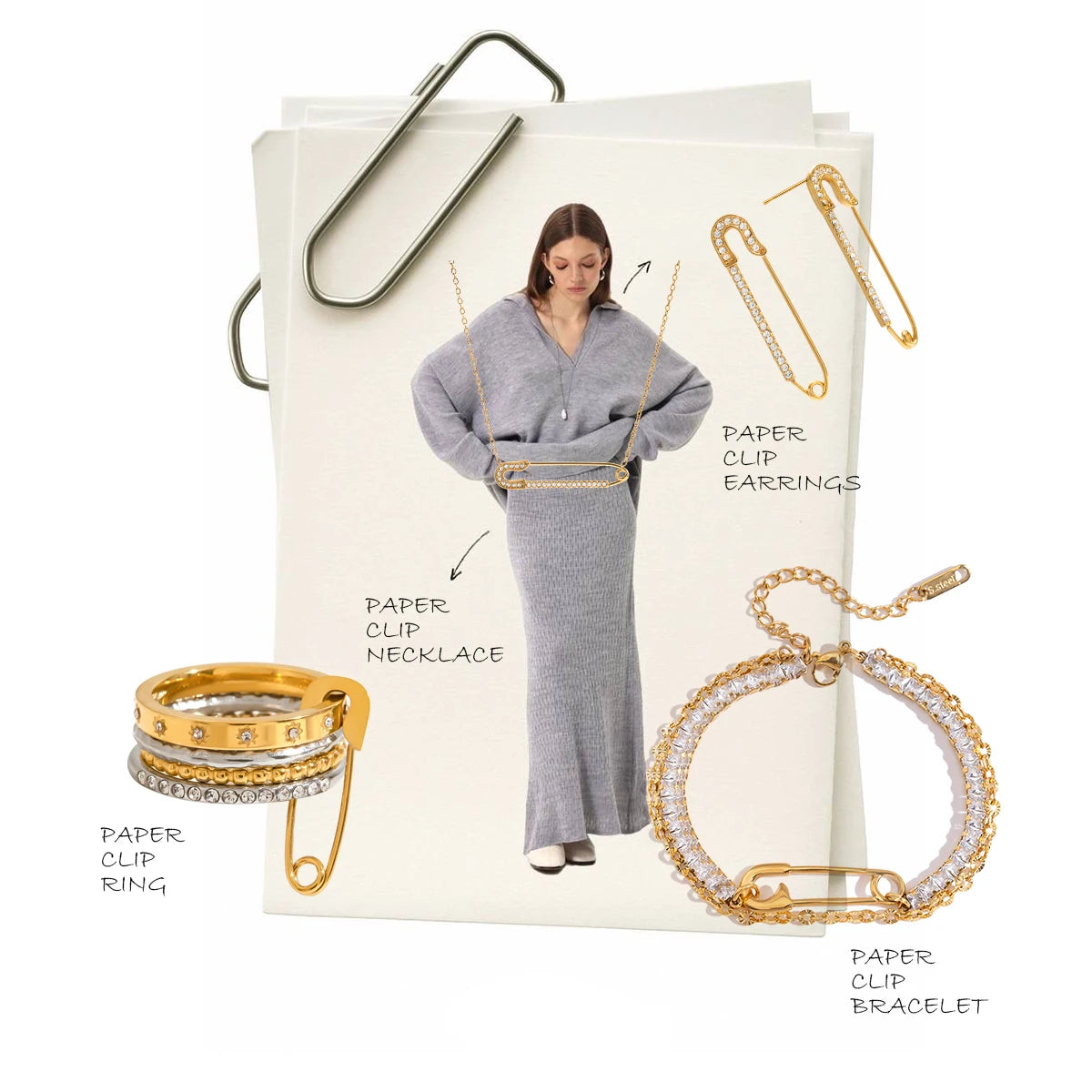 Gold jewelry set including necklace, bracelet, ring, and earrings on a white background with a model wearing a gray sweater.