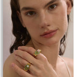 Green Enamel Pearl Flower Ring