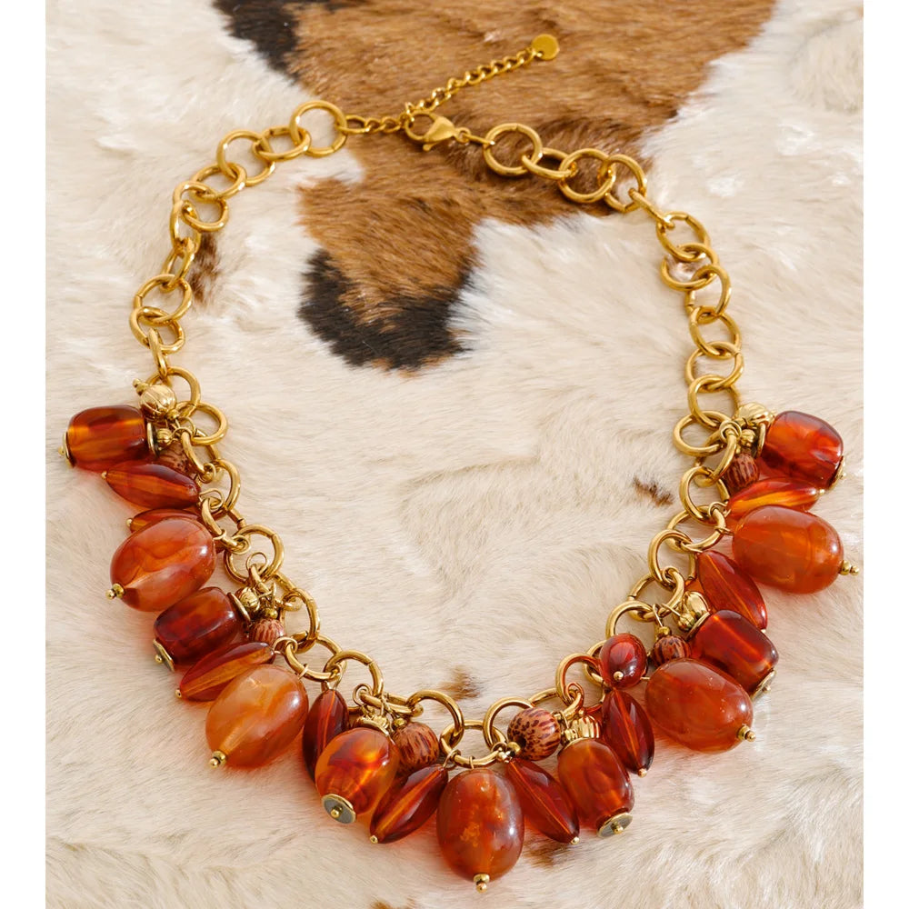 Amber Resin Bead Charm Necklace – Waterproof 18K Gold Plated Necklace | Ezra Gems