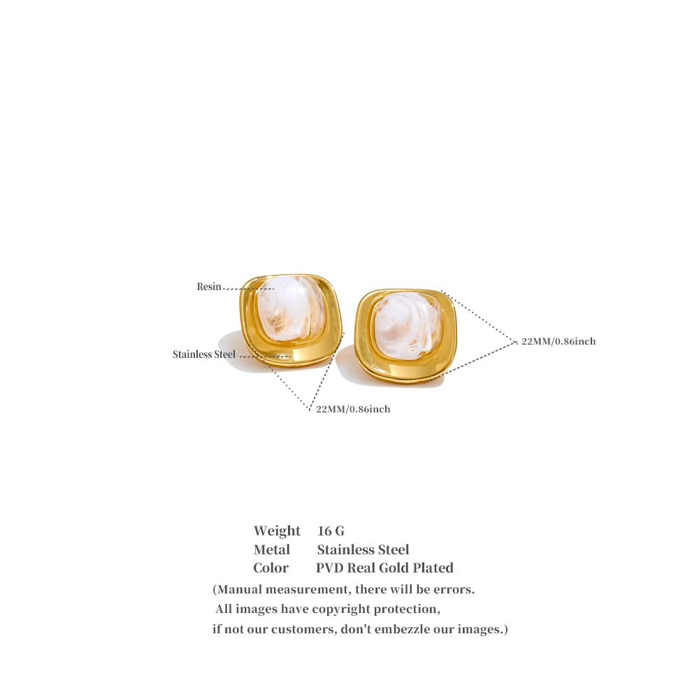 Glossy Resin Square Stud Earrings – Waterproof 18K Gold Plated Earrings | Ezra Gems