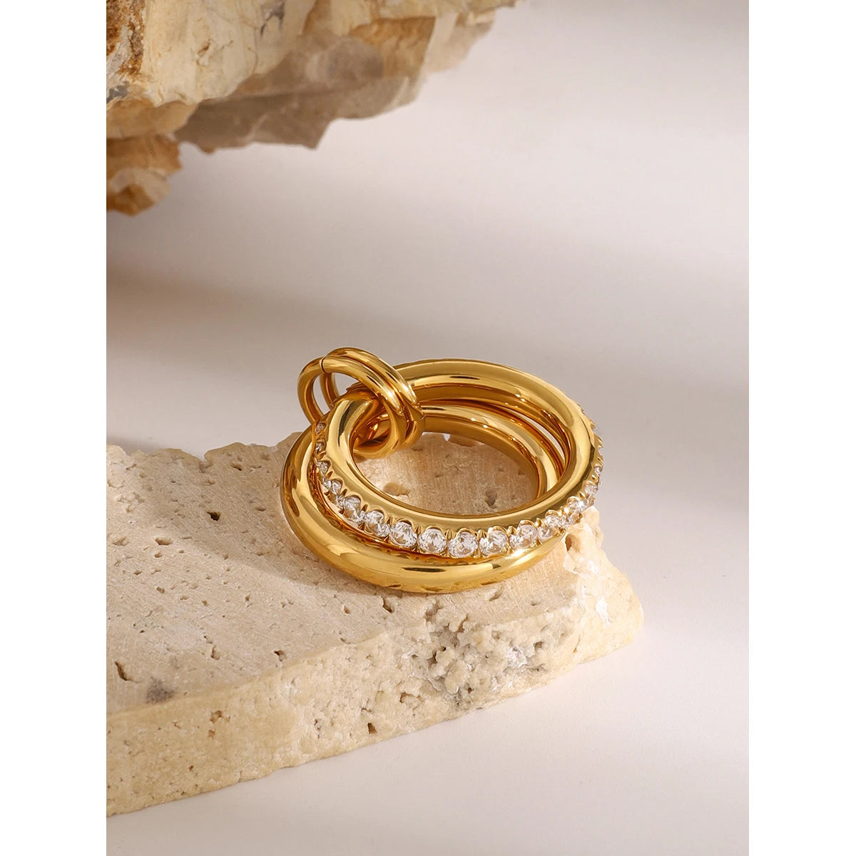 Double Layer Zircon Inlaid Ring – Waterproof 18K Gold Plated Ring | Ezra Gems