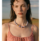 Blue Ceramic Flower Bead Necklace