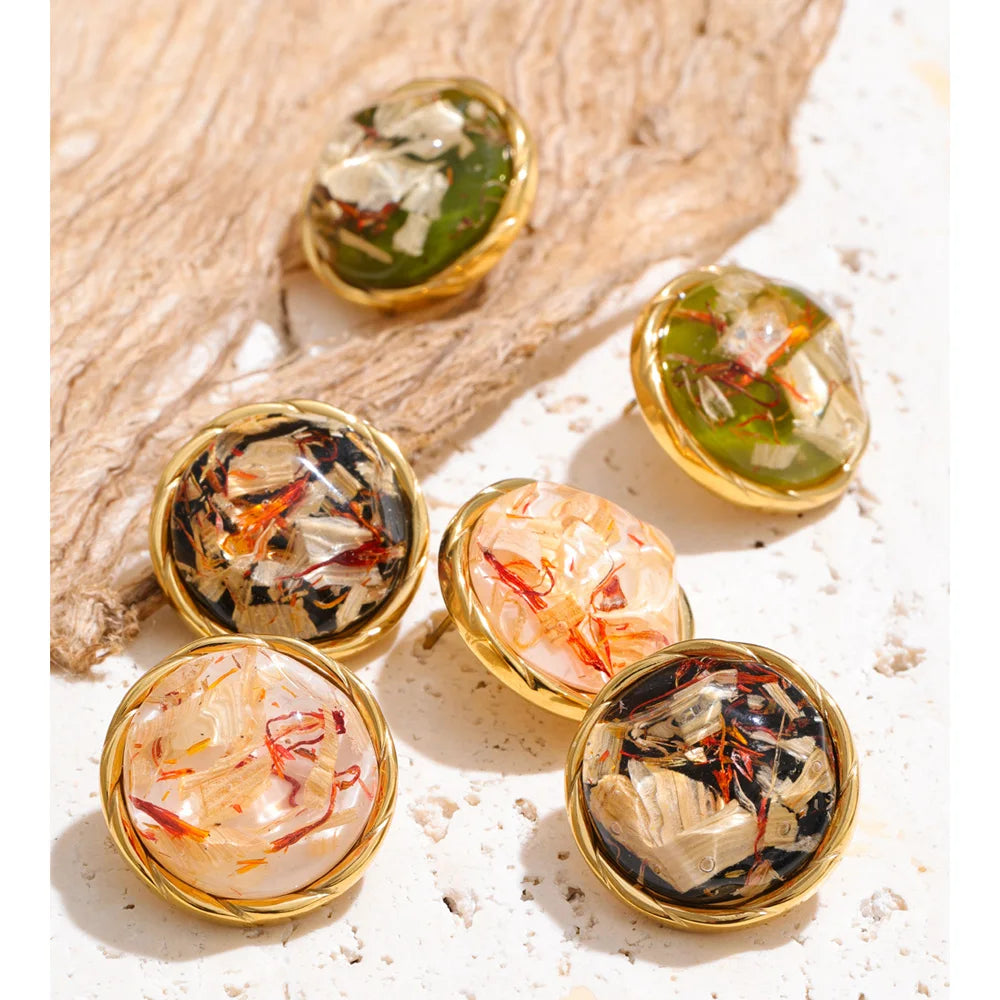 Round Resin Gold Stud Earrings – Waterproof 18K Gold Plated Earrings | Ezra Gems