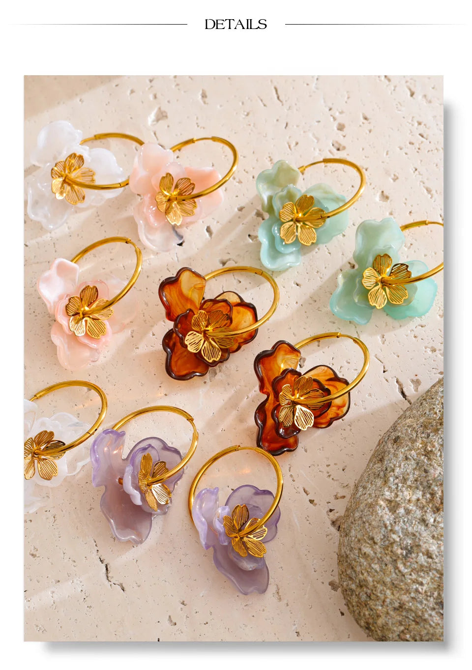 Resin Flower Charm Hoop Earrings – Waterproof 18K Gold Plated Earrings | Ezra Gems