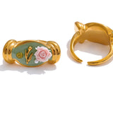 Green Enamel Pearl Flower Ring