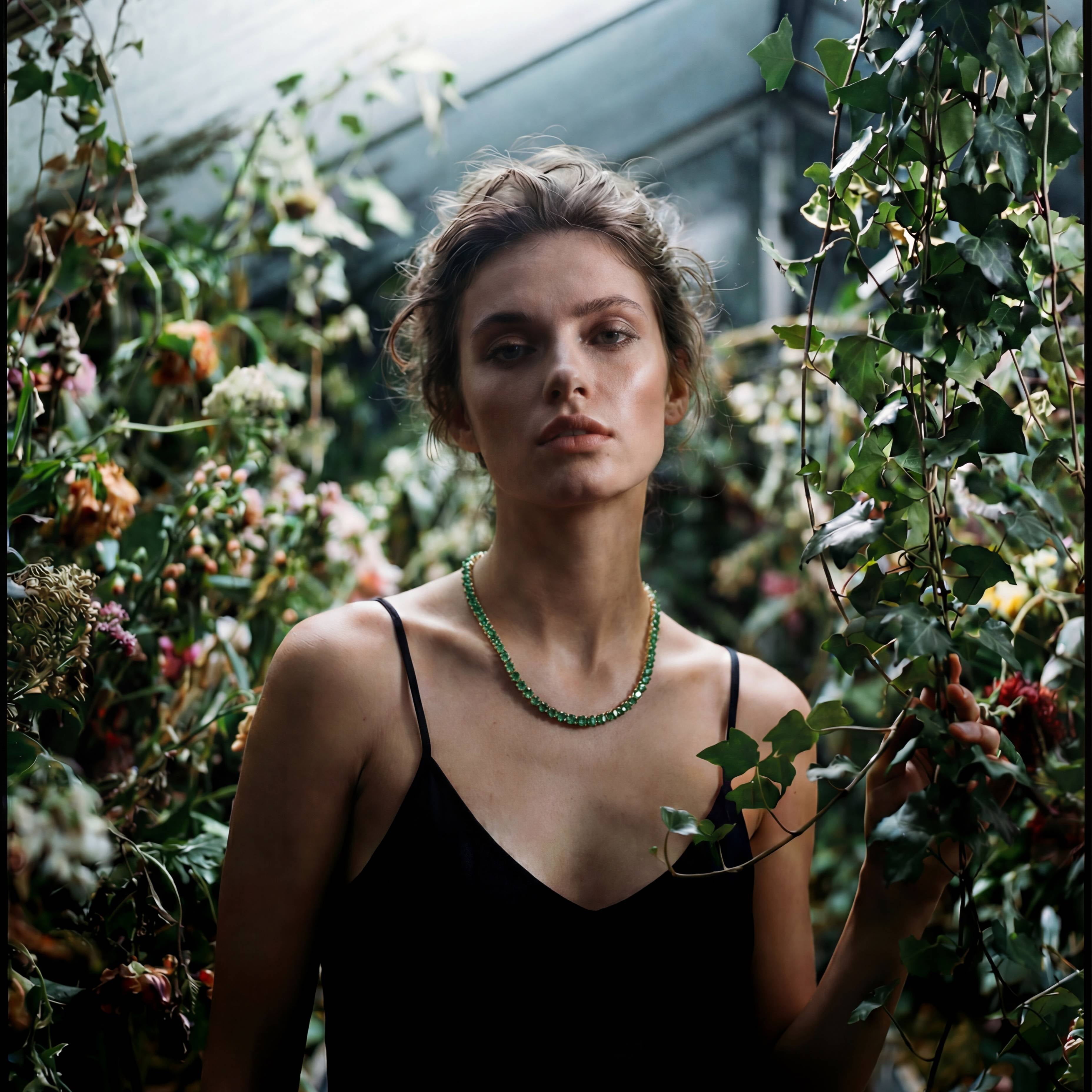 Woman in a greenhouse holding a leafy plant