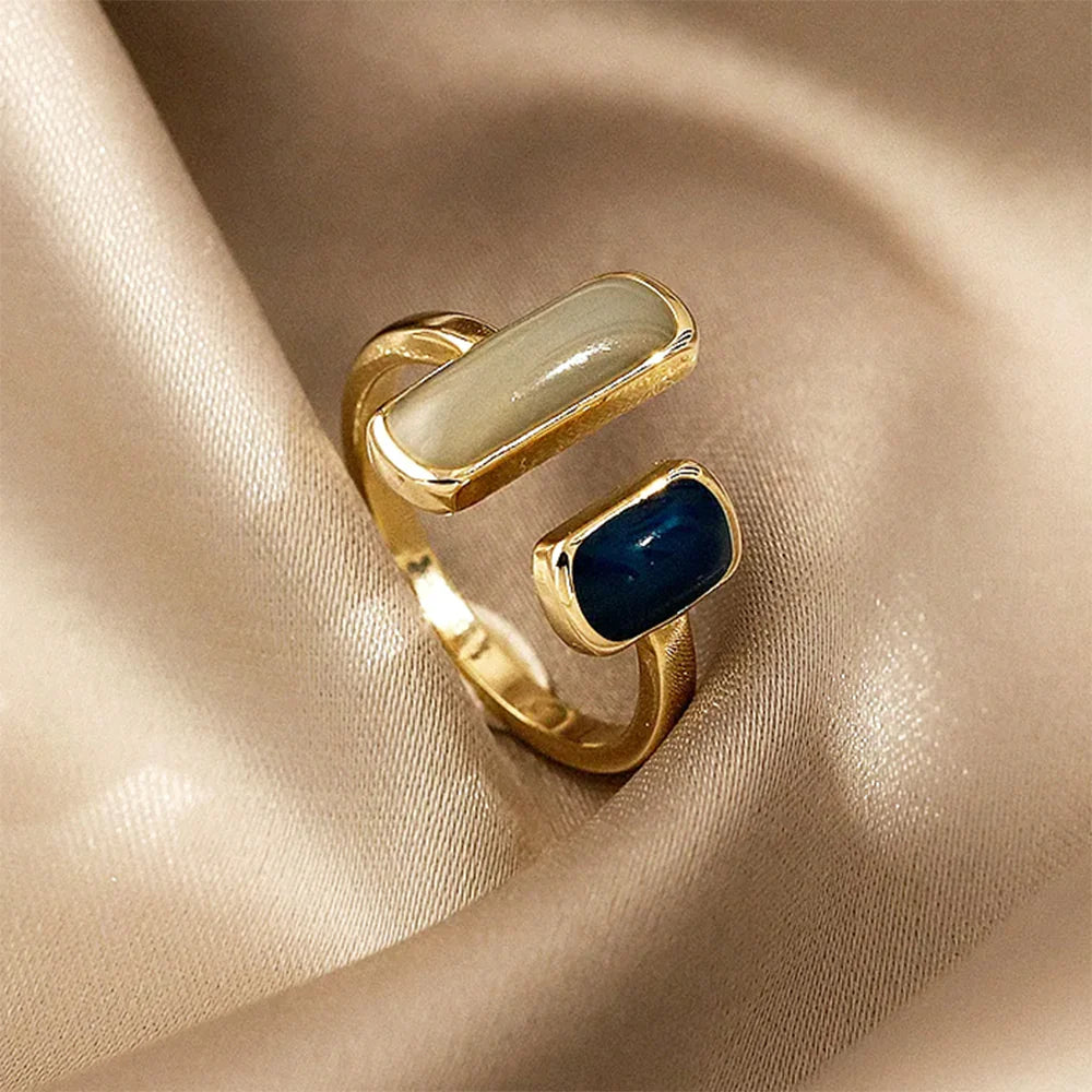 Adjustable Double Stone Ring, 18K gold-plated, with contrasting rectangular stones for a stylish, modern, and minimalist look.