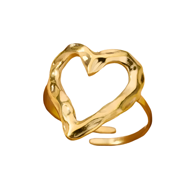 Gold heart ring with open design, adjustable fit, and polished finish, made of 18k gold-plated stainless steel for everyday wear.

