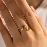 Elegant Adjustable Gold Plated Wave Ring, 18K gold-plated with a smooth, wavy design, perfect for everyday wear and special occasions.