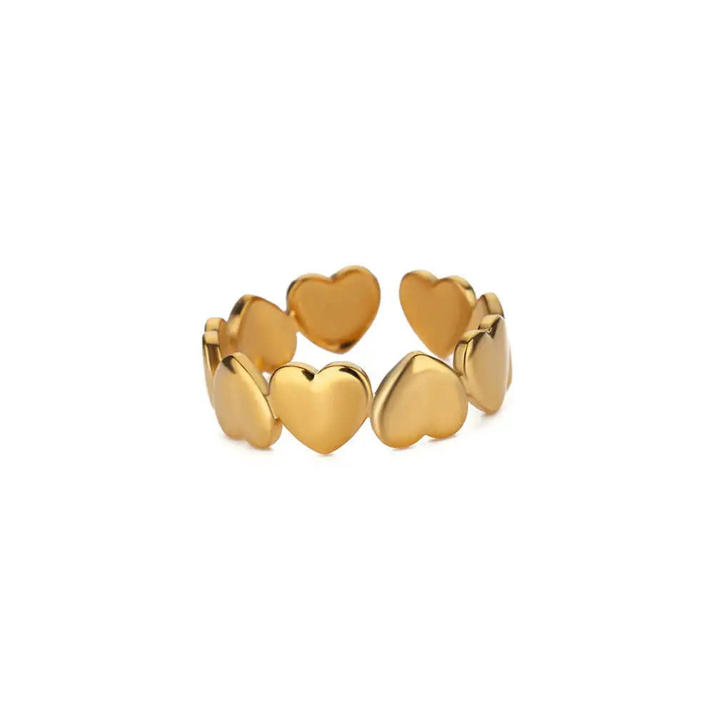 Adjustable hearts gold ring with 18k gold plating, lightweight and elegant design, perfect for stacking or everyday wear.