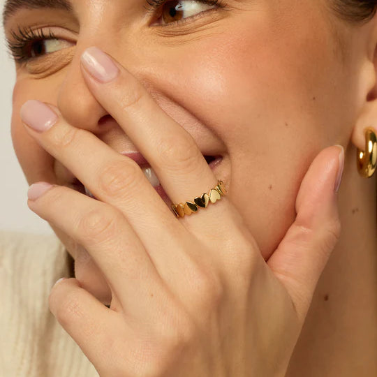 Elegant adjustable gold heart ring made of 18k gold-plated stainless steel, perfect for everyday wear or stacking.