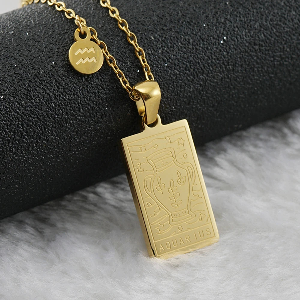 Aquarius zodiac tarot necklace with engraved gold-tone pendant, 18k gold-plated stainless steel, stylish and durable astrology jewelry gift.