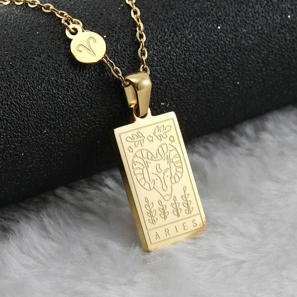 Aries zodiac tarot necklace with engraved gold-tone pendant, 18k gold-plated stainless steel, stylish and durable astrology jewelry gift.