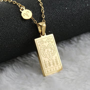 Aries zodiac tarot necklace with engraved gold-tone pendant, 18k gold-plated stainless steel, stylish and durable astrology jewelry gift.