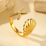 Elegant beach-inspired Gold Starfish Shell Ring with 18K gold plating, adjustable and perfect for seaside chic looks.