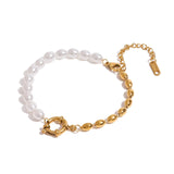 Elegant Beaded Pearl Bracelet with alternating pearls and gold-toned beads, 18K gold-plated, adjustable for a timeless, refined look.