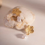 Beautiful 18k gold-plated Blooming Flower Pearl Earrings, combining elegance with comfort for everyday or special occasion wear.