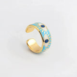Adjustable blue enamel evil eye ring with gold-plated finish, perfect for stylish everyday protection