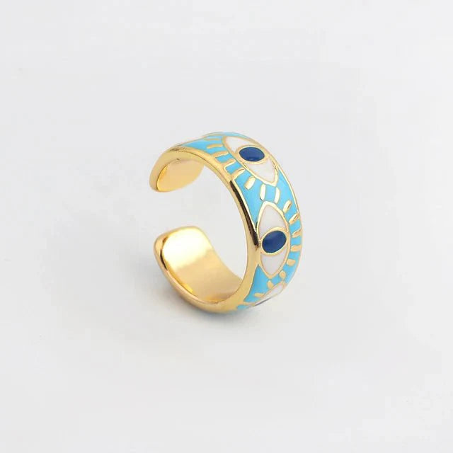 Adjustable blue enamel evil eye ring with gold-plated finish, perfect for stylish everyday protection