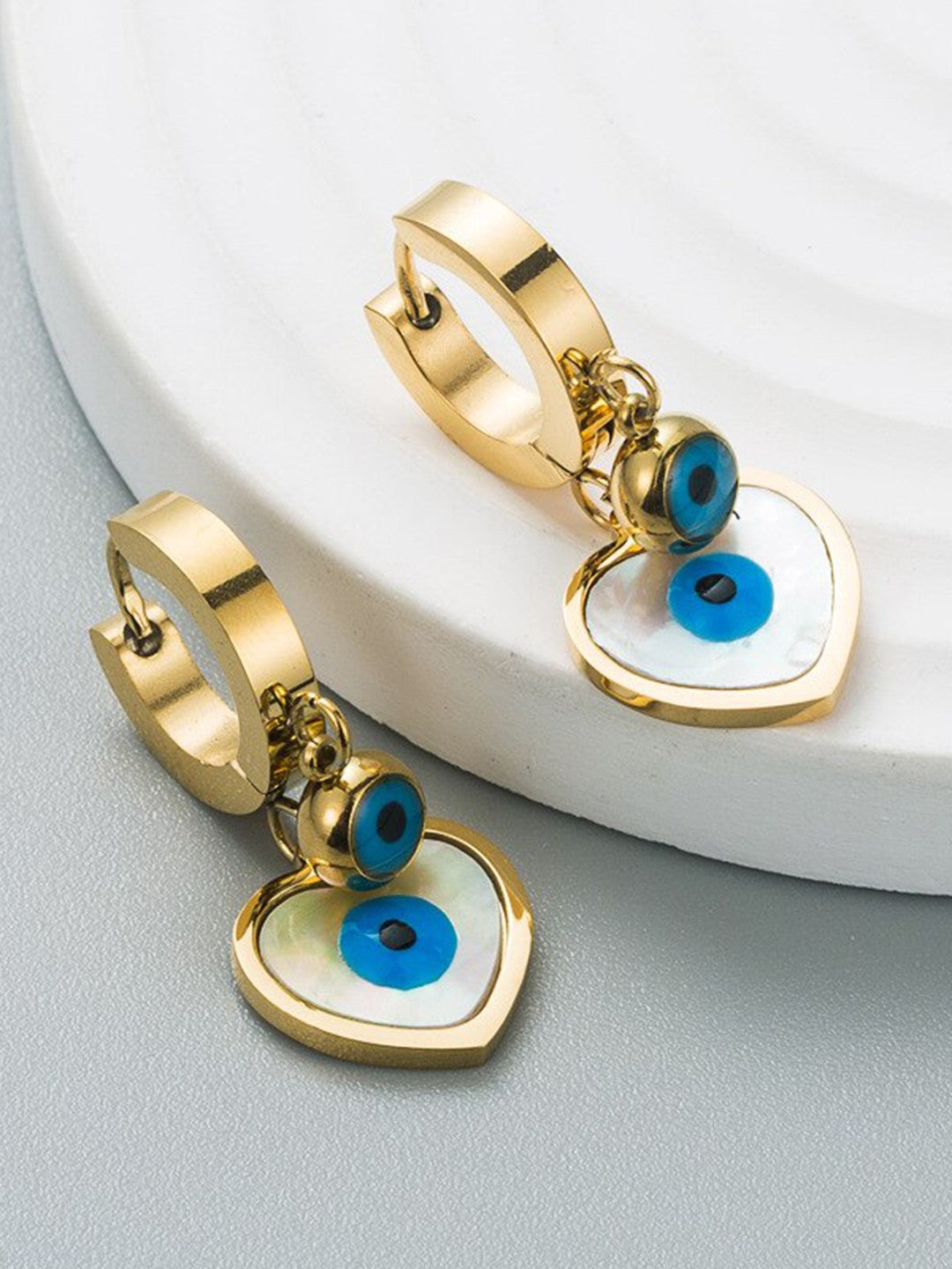 Gold-plated heart earrings with blue evil eye design for women, lightweight and perfect for everyday wear