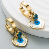 Gold-plated heart earrings with blue evil eye design for women, lightweight and perfect for everyday wear