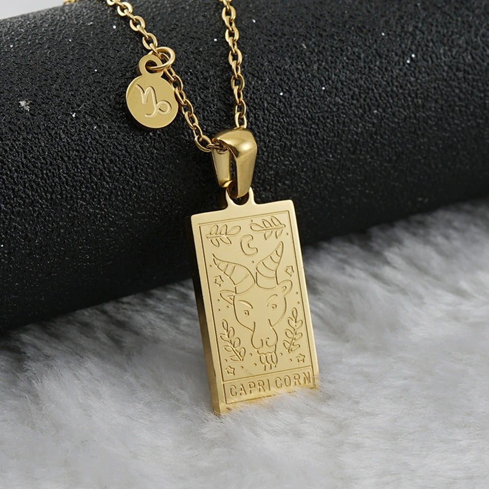 Capricorn zodiac sign tarot necklace with engraved gold-tone pendant, 18k gold-plated stainless steel, stylish and durable astrology jewelry gift.