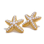 Gold-plated charming starfish stud earrings with synthetic pearls, perfect for ocean lovers and everyday coastal style