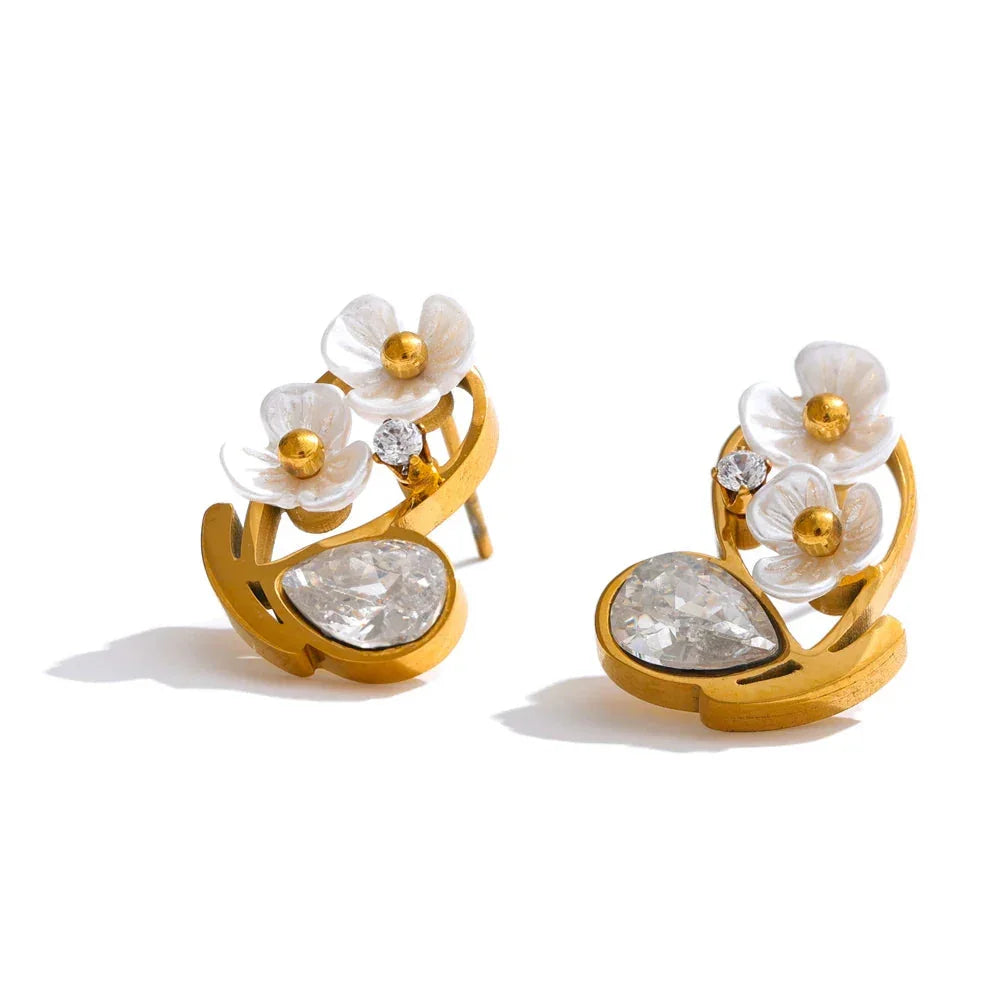 Cherry blossom flower stud earrings with white petals and cubic zirconia, gold-plated and perfect for everyday or dressy looks
