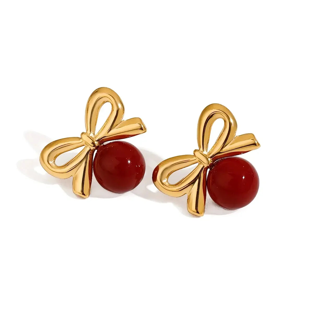Playful Cherry Golden Bow Earring with a glossy red stone and detailed gold bow, 18K gold-plated for a charming and elegant look.