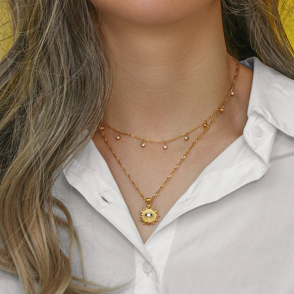Beautiful Sunray Evil Eye Necklace with cubic zirconia, designed for protection and clarity, ideal for everyday elegance.