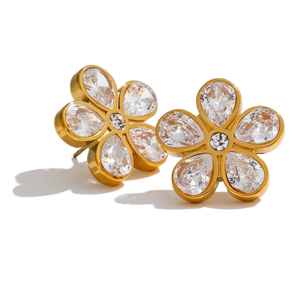 Gold-plated diamond cut flower stud earrings with crystal accents inspired by daisy blooms for a sparkling everyday look

