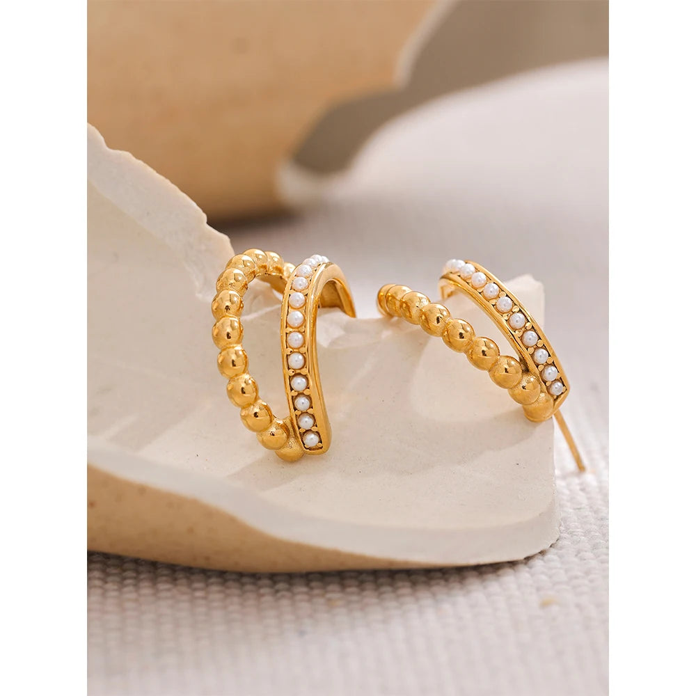 Stylish double stacked pearl hoop earrings with a modern layered design, 18k gold-plated stainless steel for a timeless, chic look.