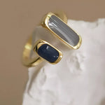Stylish Double Stone Geometric Ring with 18K gold plating, featuring contrasting stones for a contemporary and bold design.