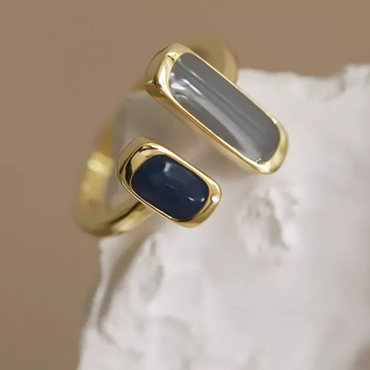 Stylish Double Stone Geometric Ring with 18K gold plating, featuring contrasting stones for a contemporary and bold design.