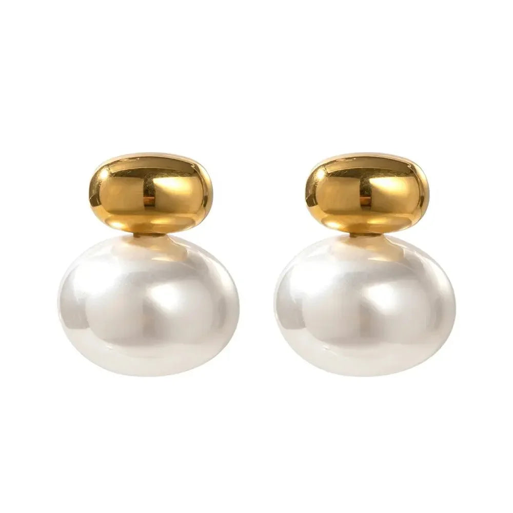Stylish Double Pearl Gold Stud Earrings, 18K gold-plated with a polished gold cap and large white pearl, perfect for adding elegance to any outfit.