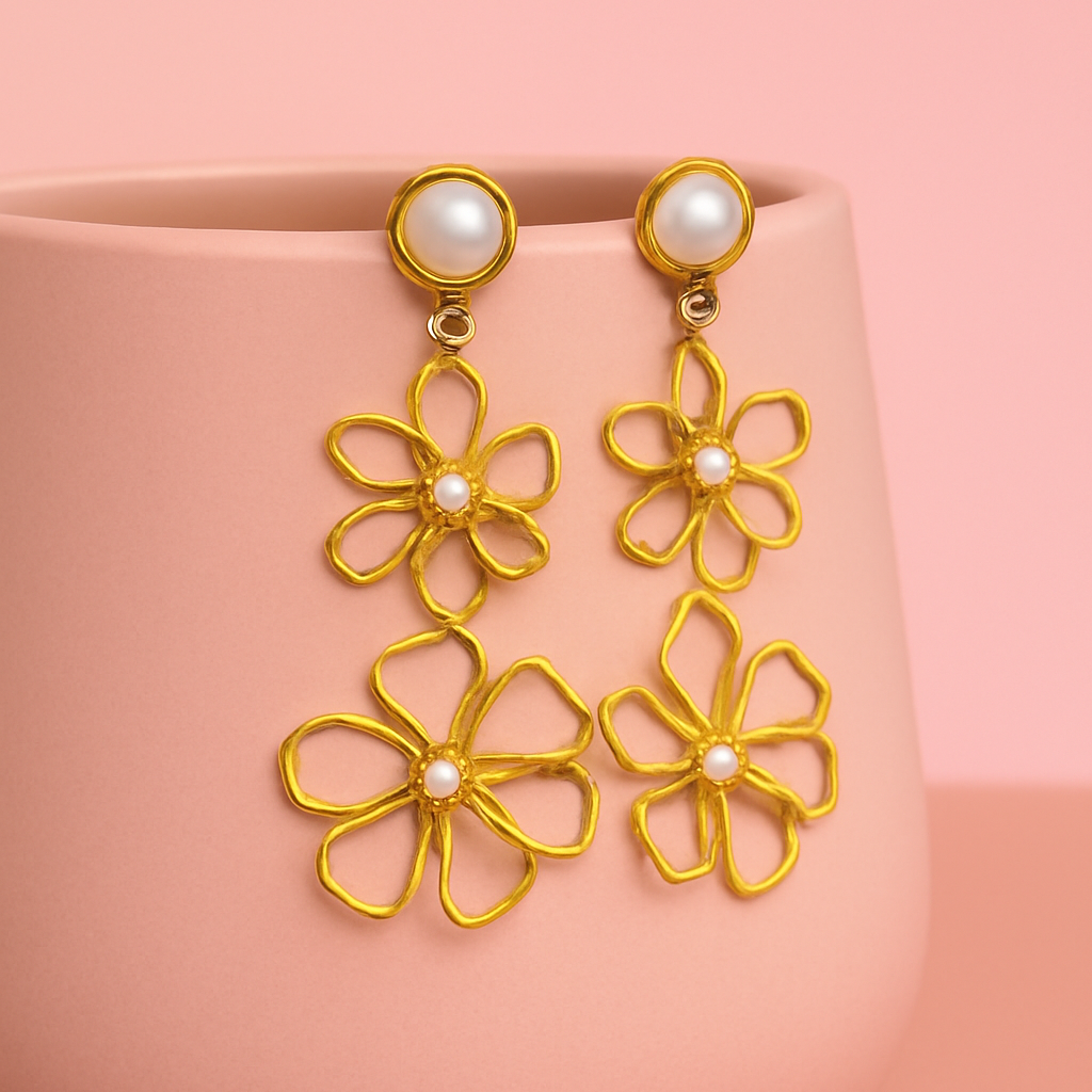 Elegant gold flower pearl stud earrings with faux pearl and delicate bead detailing, ideal for daily wear or special occasions.