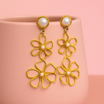 Elegant gold flower pearl stud earrings with faux pearl and delicate bead detailing, ideal for daily wear or special occasions.