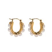 Elegant Pearl U-shaped Hoop Earrings — waterproof hypoallergenic genuine pearl stainless steel 18K gold-plated jewelry | Ezra Gems