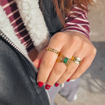 Stylish Emerald Green Rectangular Stone Ring, 18K gold-plated with layered wire bands for a bold, modern design.