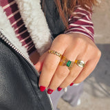 Stylish Emerald Green Rectangular Stone Ring, 18K gold-plated with layered wire bands for a bold, modern design.
