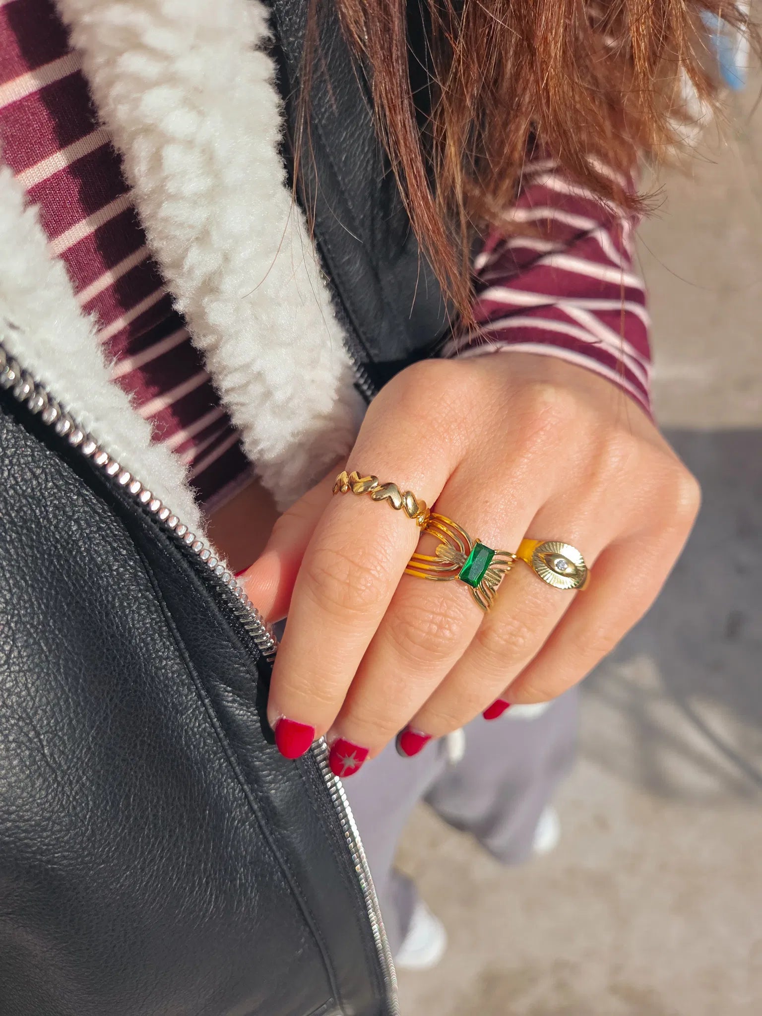Stylish Emerald Green Rectangular Stone Ring, 18K gold-plated with layered wire bands for a bold, modern design.