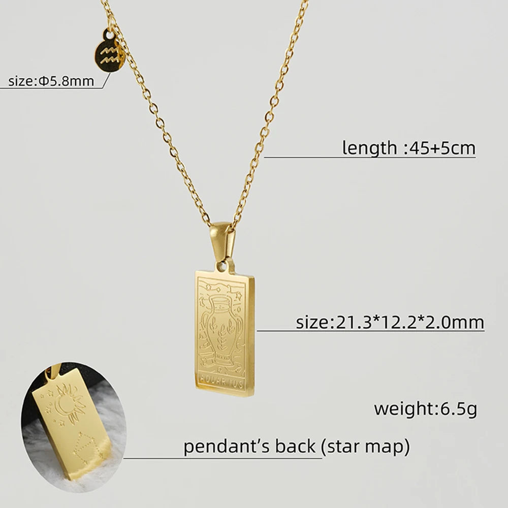 Gemini zodiac sign tarot necklace with engraved gold pendant, 18k gold-plated stainless steel chain, stylish and durable astrology jewelry.