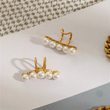 Modern Geometric Freshwater Pearl Ear Clips, 18K gold-plated, featuring five elegant white pearls for a chic, luxurious look.